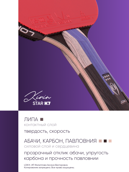 Ракетка для настольного тенниса LOKI Kirin Star K7 с чехлом профессиональная, изображение 3